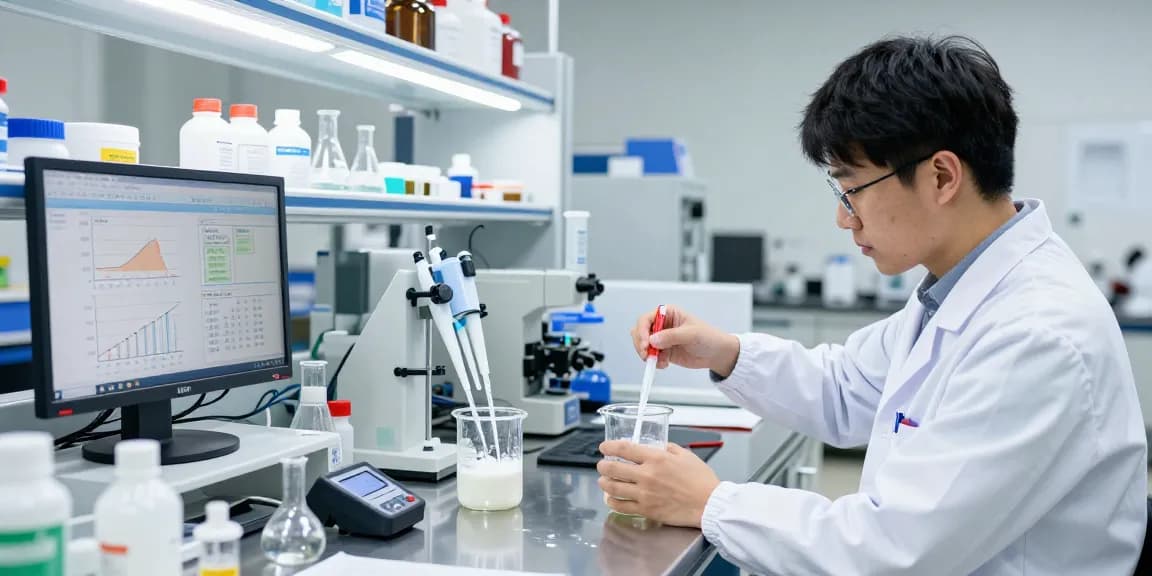 Jiefa Lignosulfonate researcher testing dispersants in a modern lab environment.