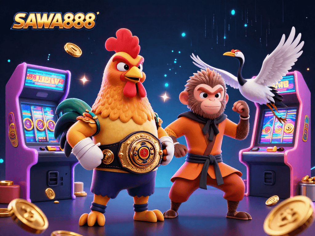 Experience the thrill of SAWA888 with dynamic gaming elements in a colorful casino scene.