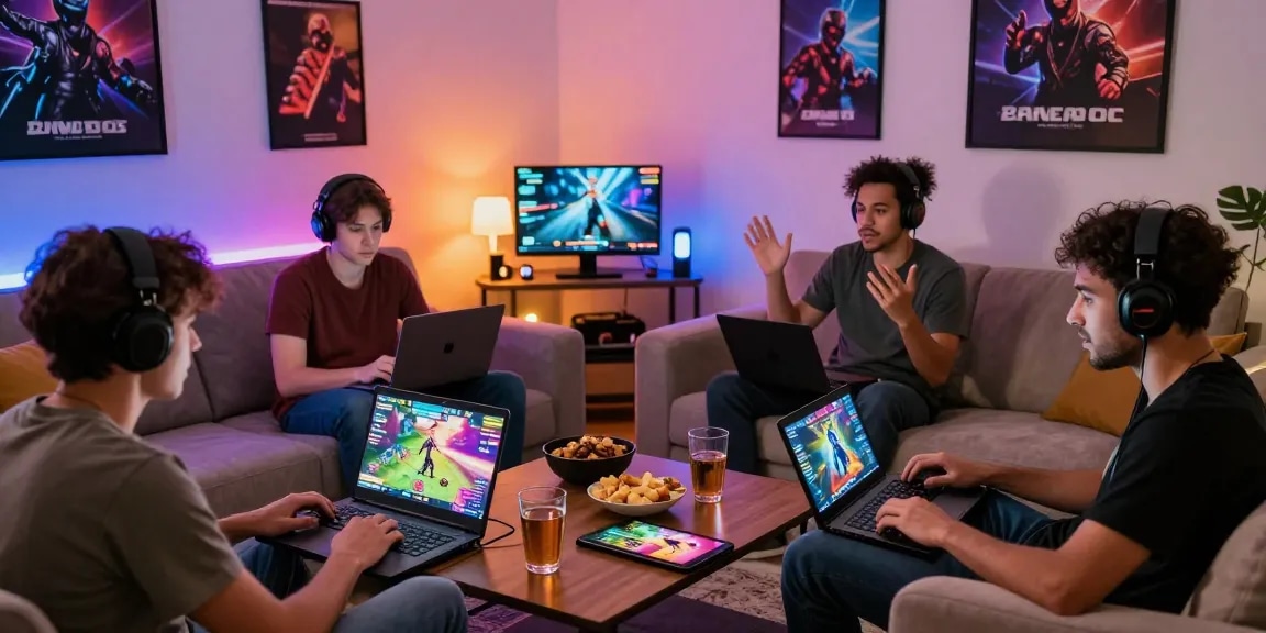 Gamers enjoying immersive porn games online in a vibrant living room setting.