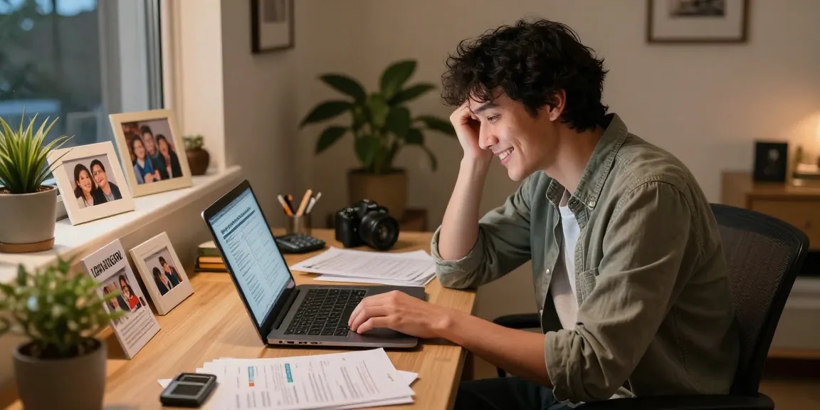 Individual exploring a 300 payday loan in a cozy home office, demonstrating ease and comfort in financial planning.