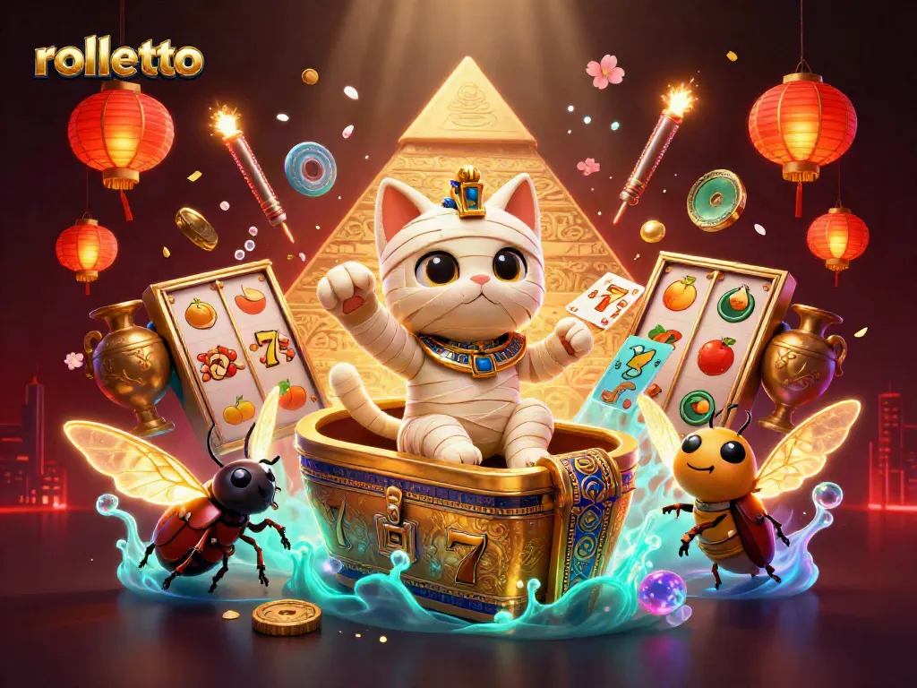 Engage with rolletto as the Egyptian mummy cat bursts from the sarcophagus in a vibrant casino.