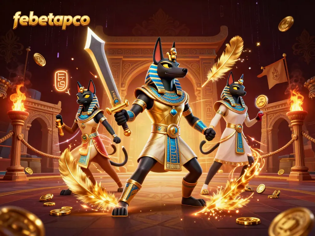 Experience a dynamic atmosphere at febetappco with Anubis, Bastet, and vibrant gambling elements.