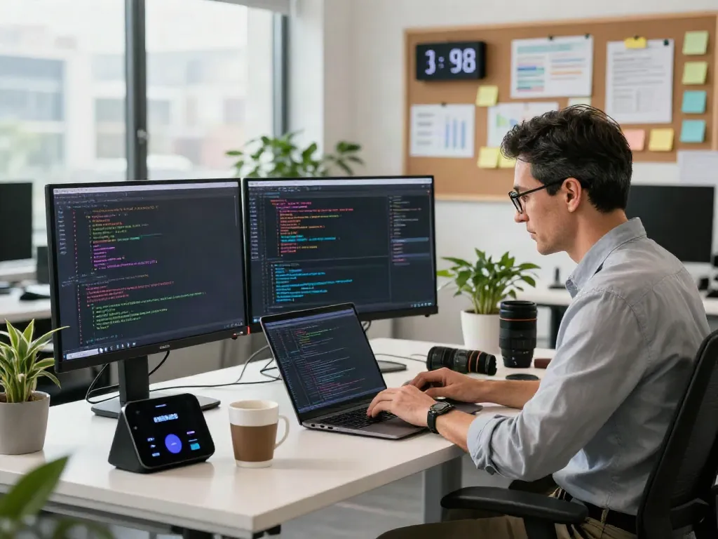 Developer utilizing instant indexing tools on dual monitors in a vibrant tech workspace.