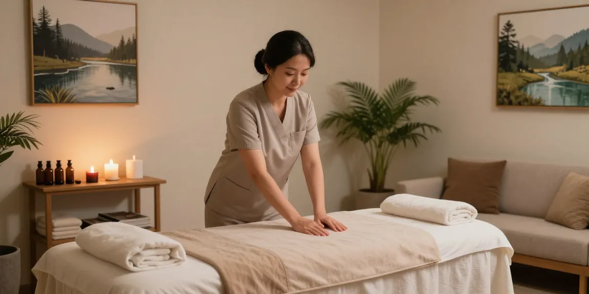 Therapist preparing for a 출장마사지 session in a calming massage therapy office.