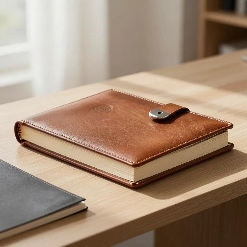 Leather legal folio with cream edges and silk tie on an oak ledge in a bright advisory room.