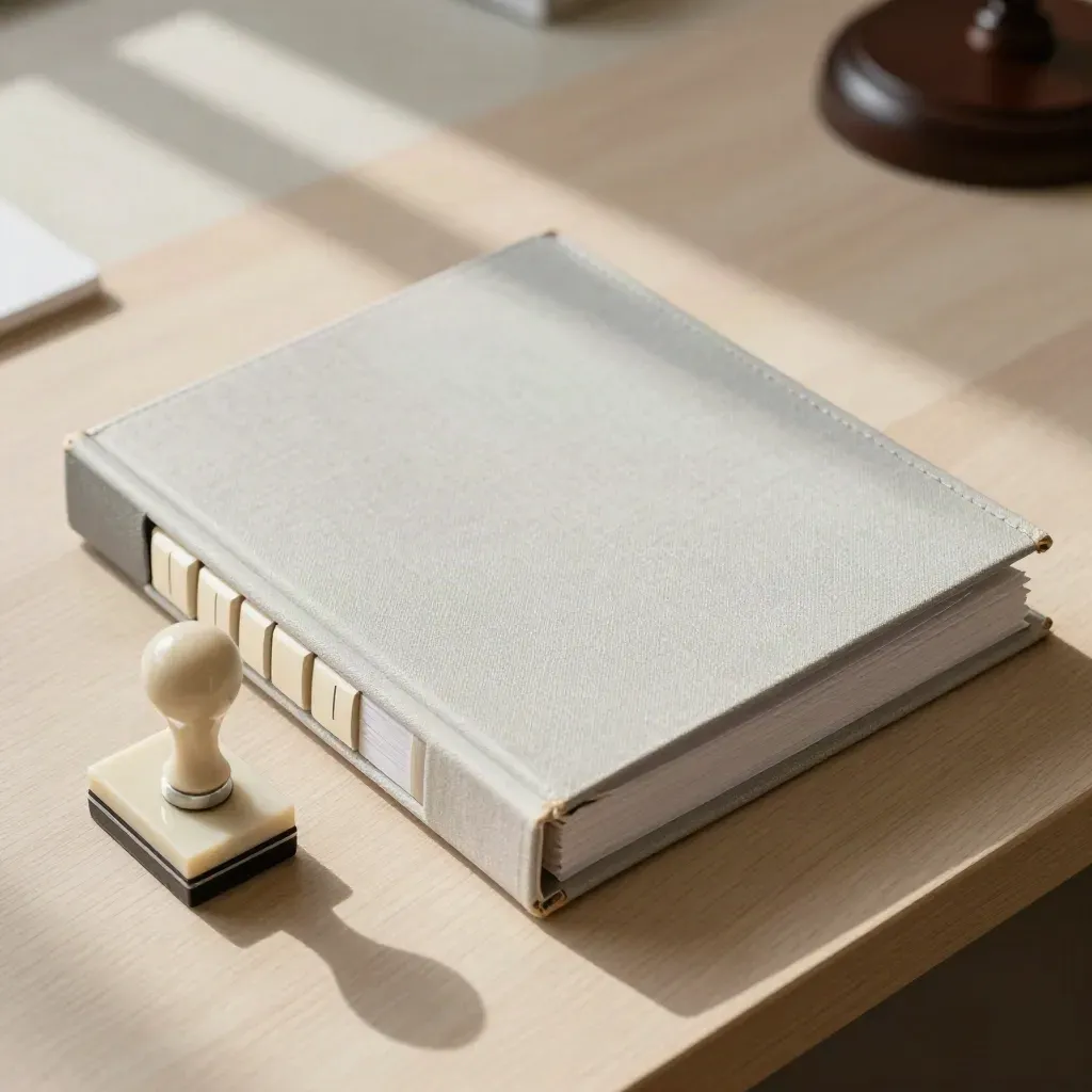 Compliance binder, approval stamp and index cards on pale oak, viewed from above.