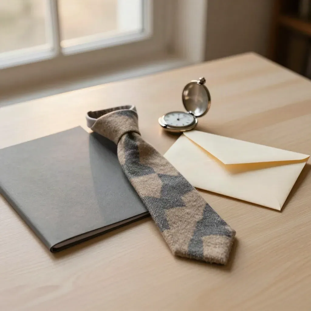 Slate folder, wool tie, pocket watch and sealed envelope on pale wood in warm window light.