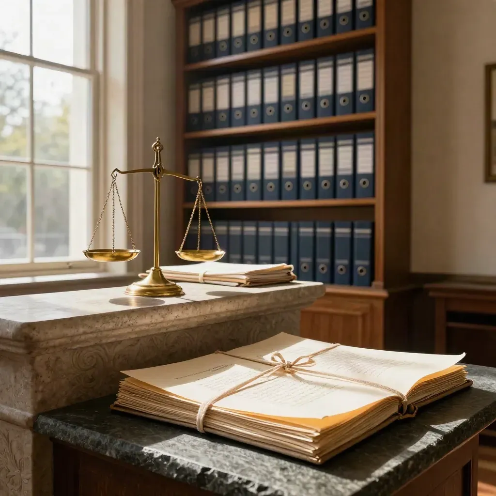Heritage law-office interior with brass scales, sealed folios and warm light.