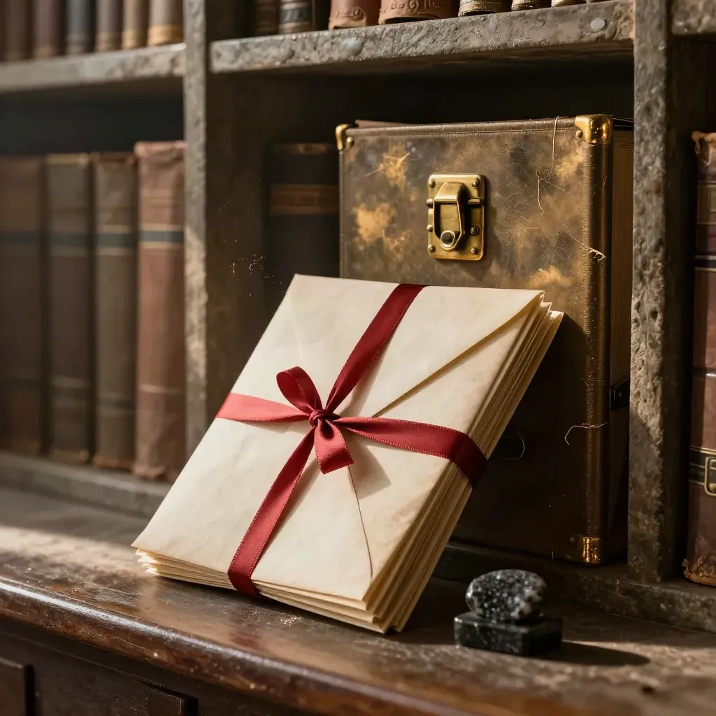 Dispute files tied with a crimson ribbon beside a stone paperweight in a vaulted archive.