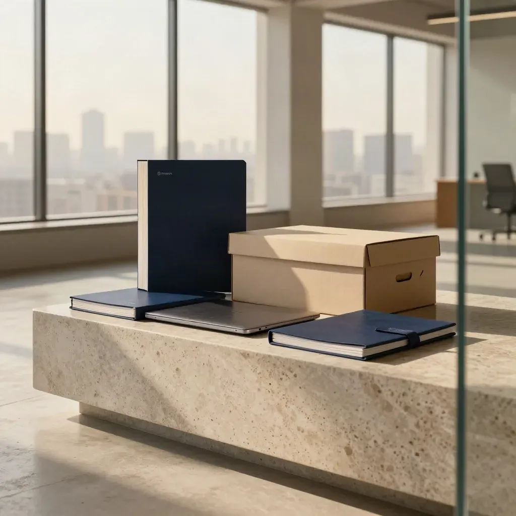 Legal folders, closed laptop and courier box on a stone console in a bright loft.