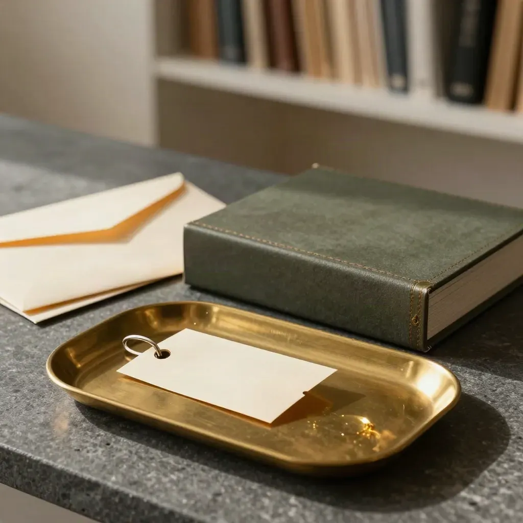 Brass tray, debt-recovery envelope, ledger box, and returned file tag on graphite stone.