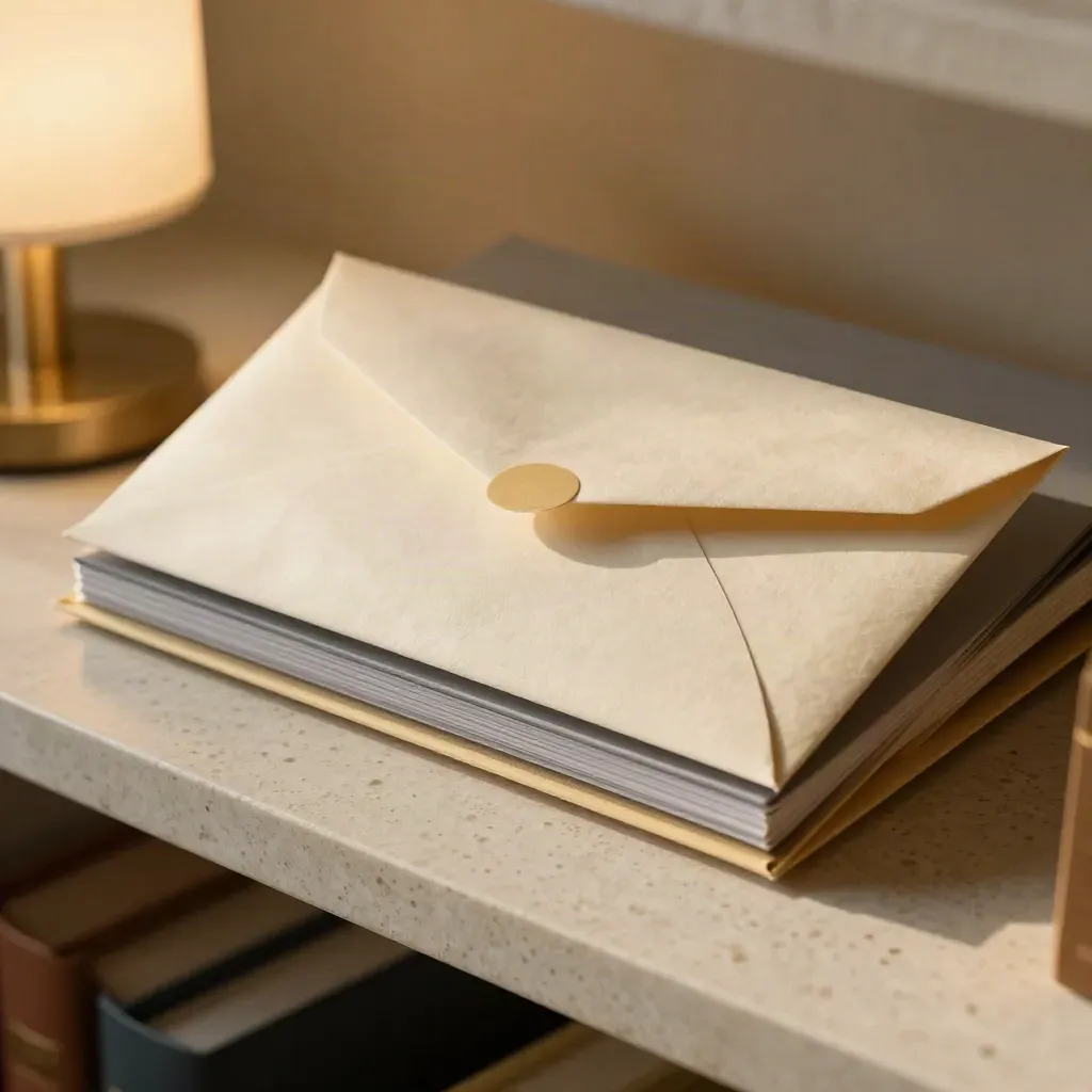 Legal payment envelope, empty file tray, and returned folder on a stone shelf