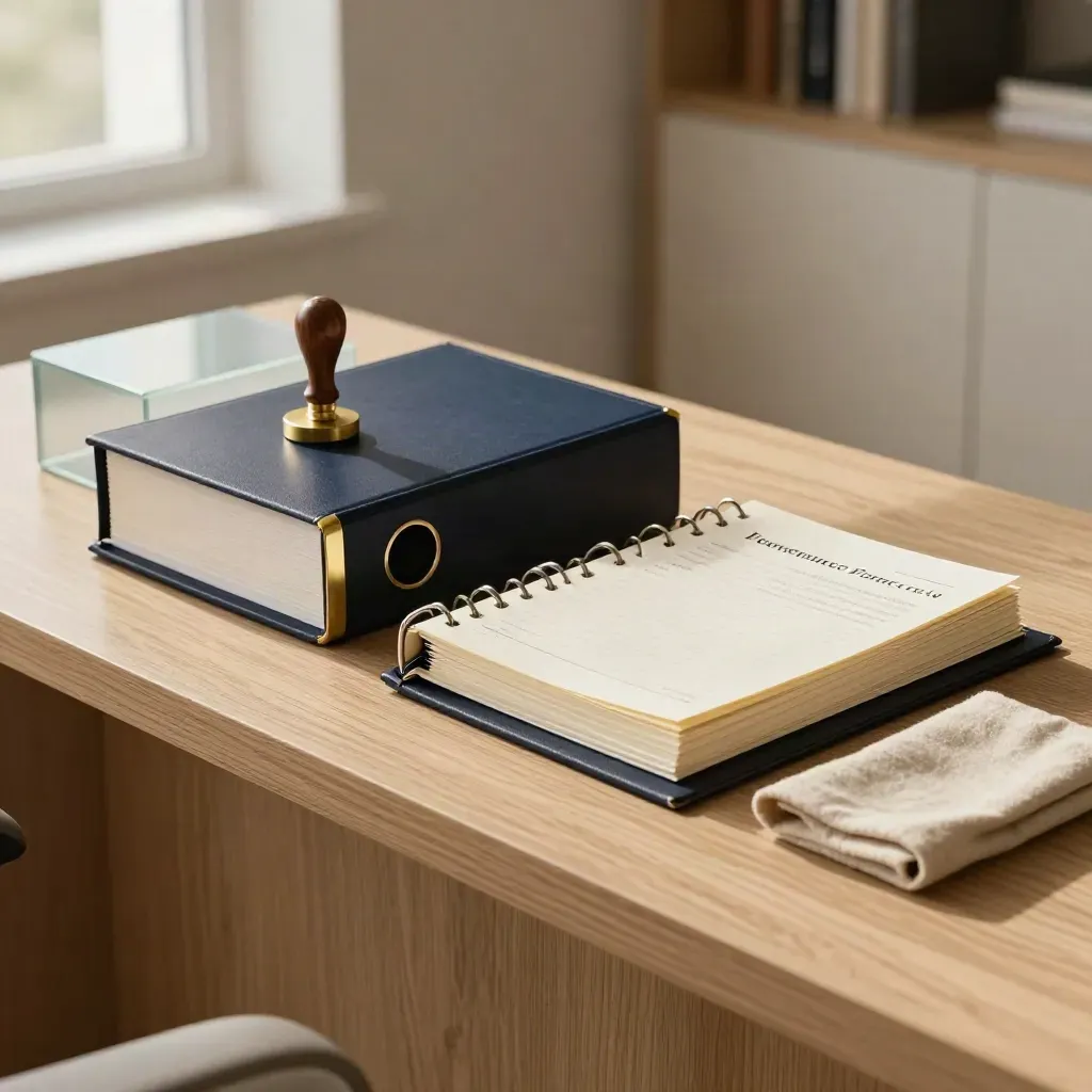 Governance binder, seal stamp and minute archive on a pale oak ledge by frosted glass