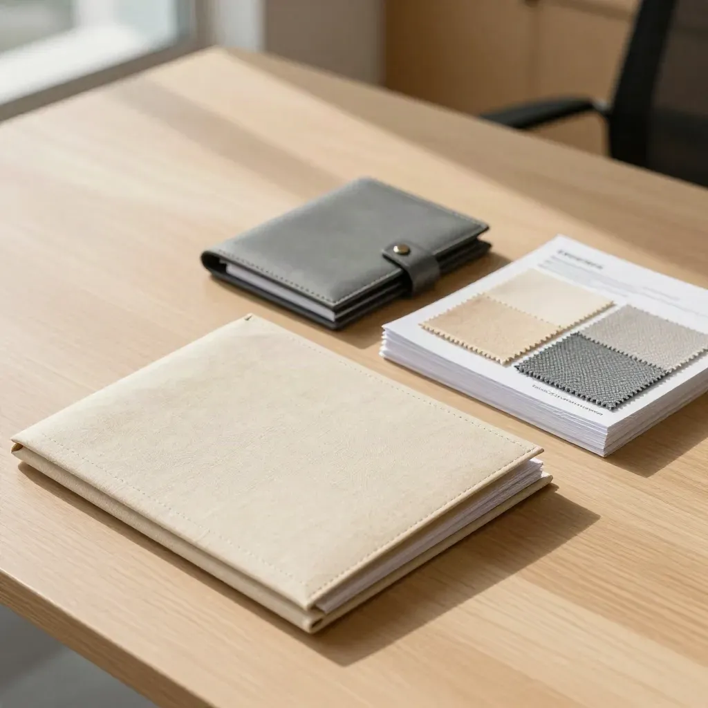 Neatly arranged HR onboarding folders and document wallets beside fabric swatches in warm office light.