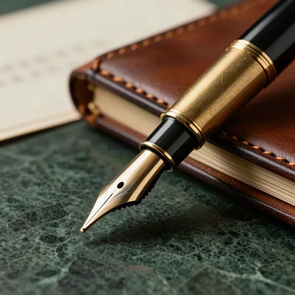 Macro of a fountain pen nib, brass letter opener and leather folio on dark green marble.