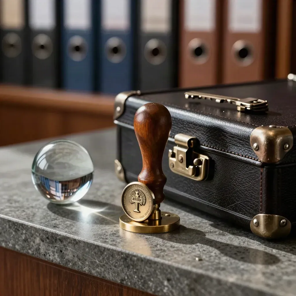 Law firm still life with a signet seal, briefcase clasp and paperweight on smoked stone.