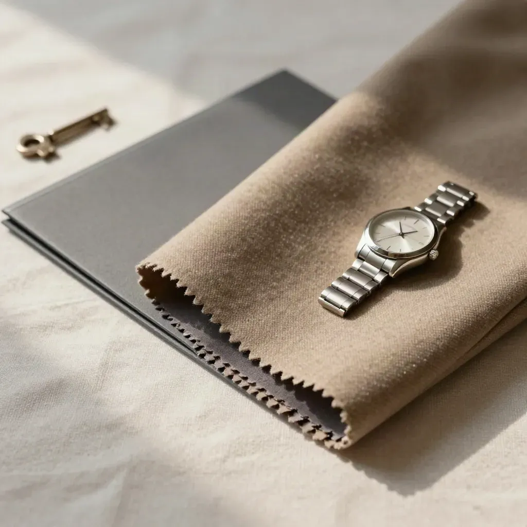 Wool swatch, closed employment folder and slim watch on pale linen in side light.