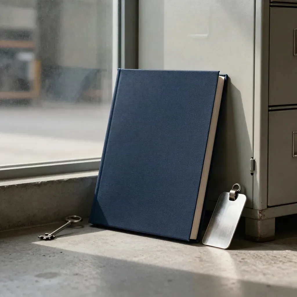 Legal dossier and crate tag in a warehouse office corner, lit by a low dramatic beam.