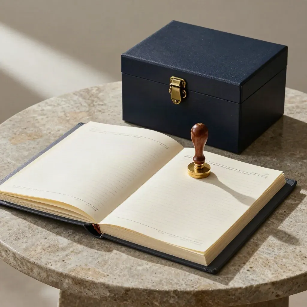 Open governance binder, ledger box, seal stamp and archive cube on a stone side table.