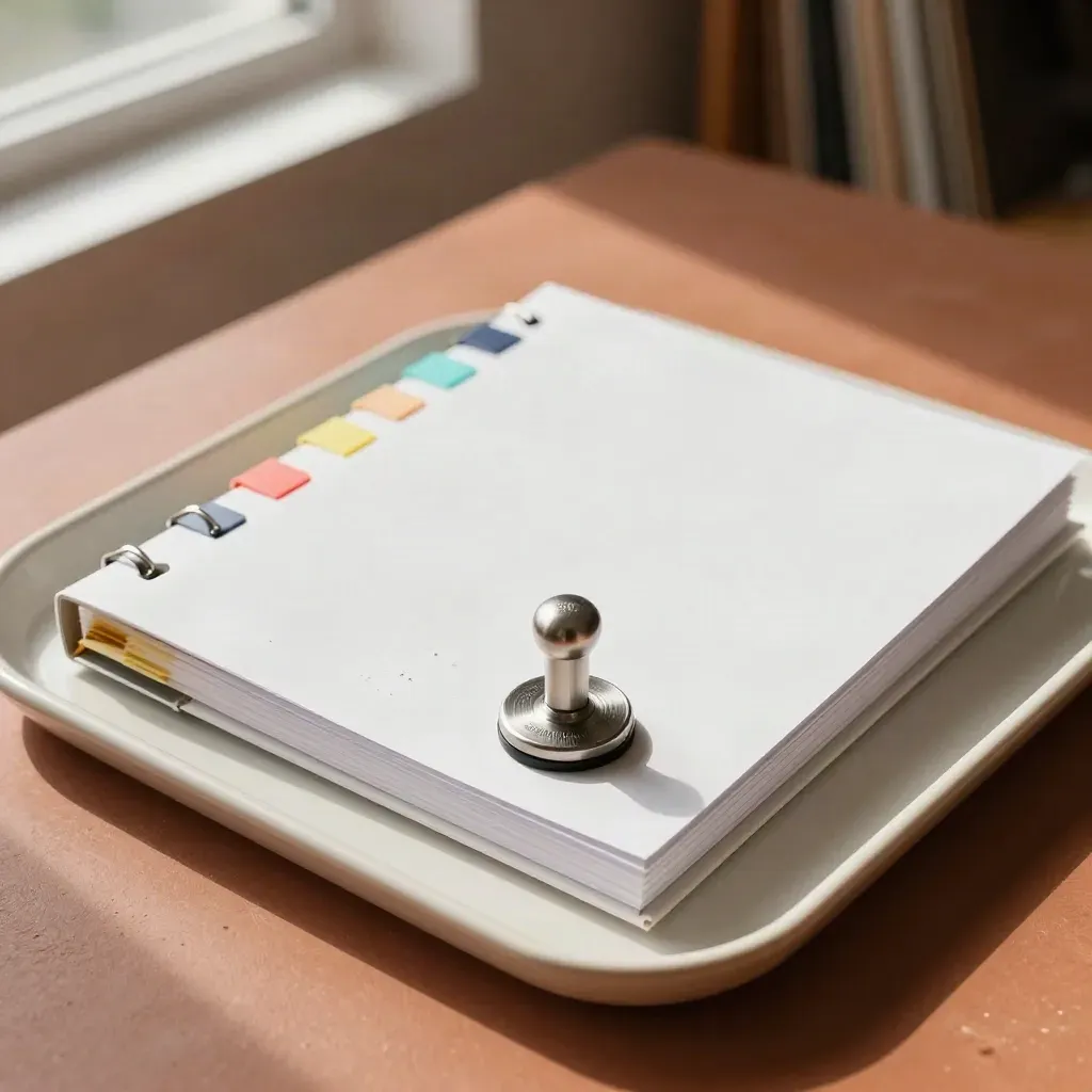 Flat lay of a sealed binder, divider tabs, archive clips and a compliance stamp on a ceramic tray.