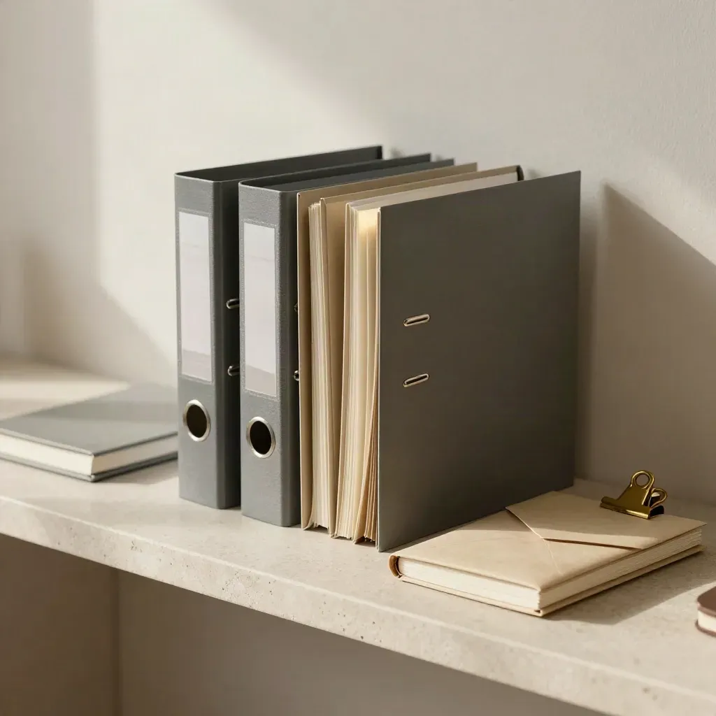 Law firm process still life with dividers, notebook, fee envelope and brass clip on stone