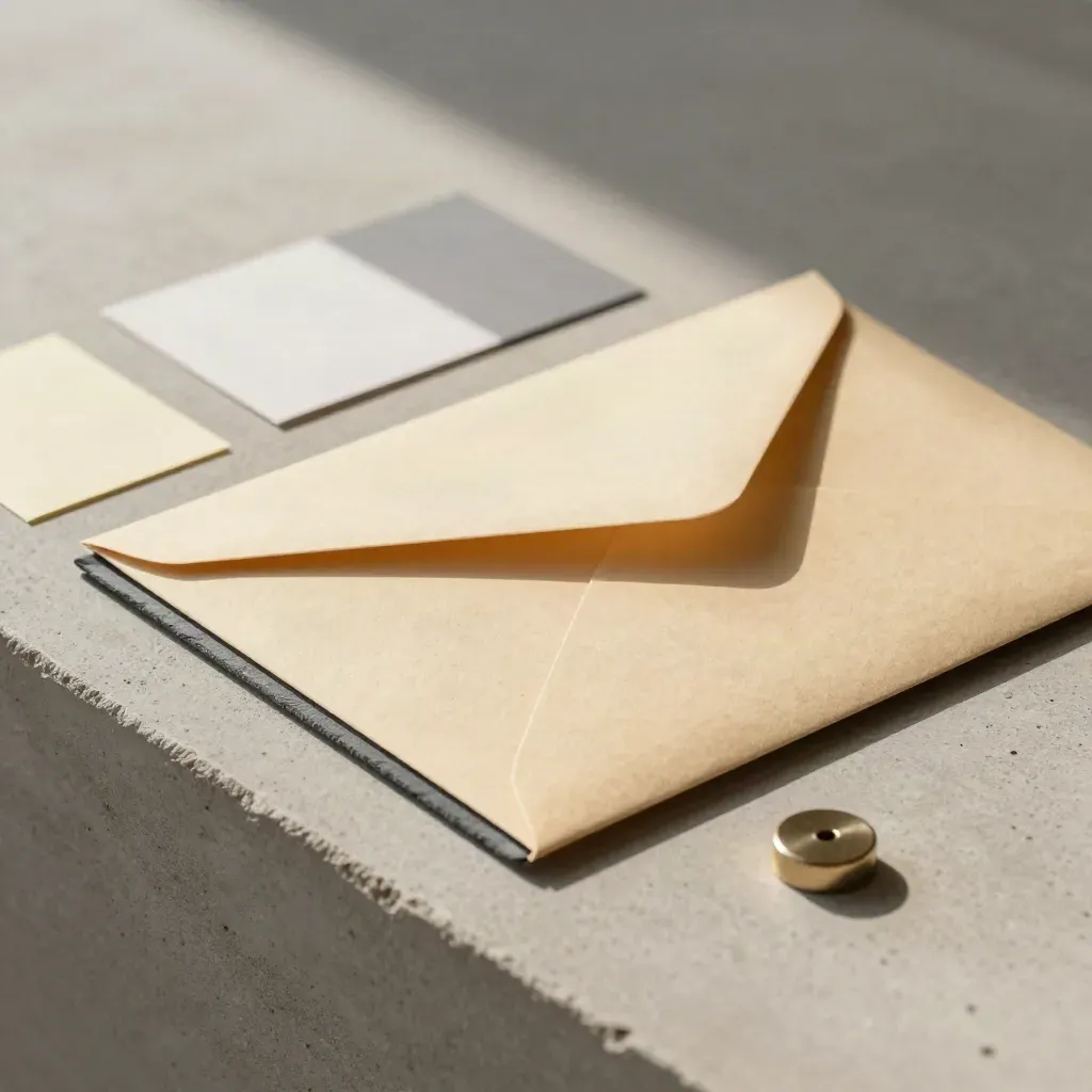 Overhead flatlay of intake envelope, case tabs, clipped notes and filing token on pale concrete.