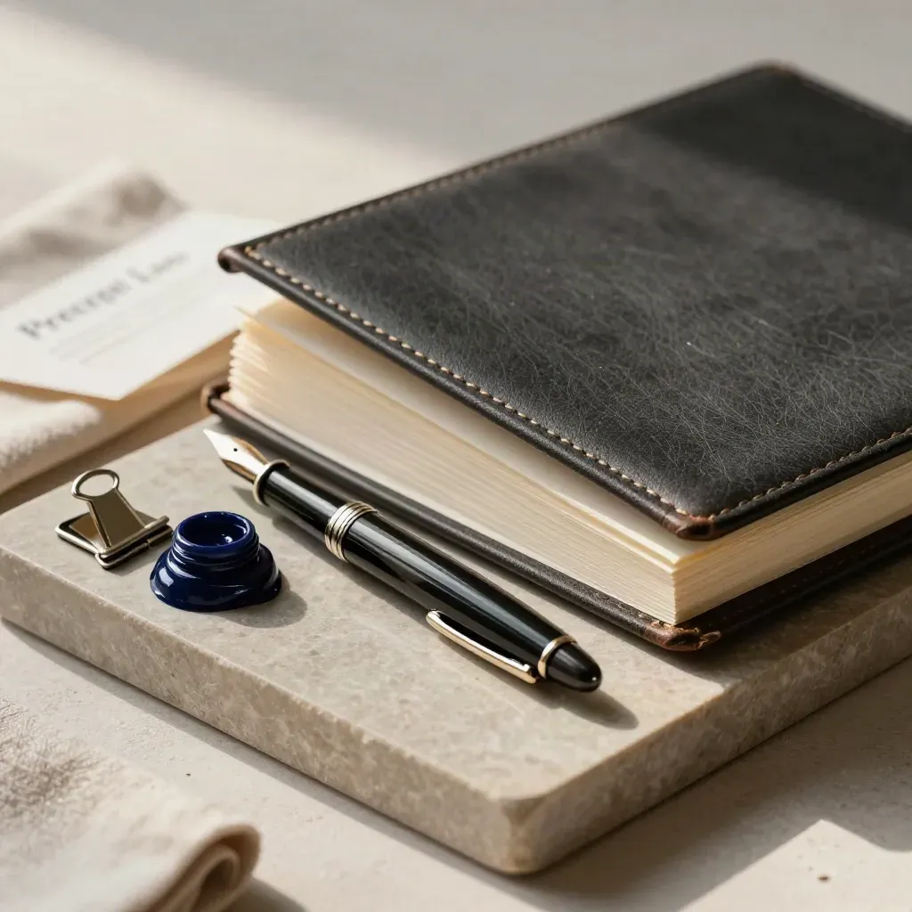 Drafting still life with pen, draft folio, sealing wax and steel clips on a stone tray.