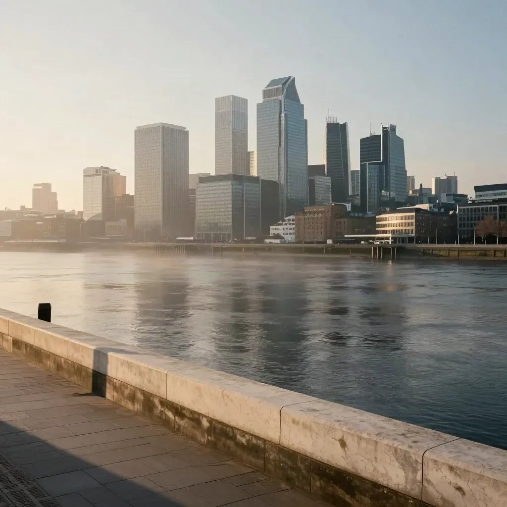 Canary Wharf and the City rise above a misty Thames with calm river foreground.