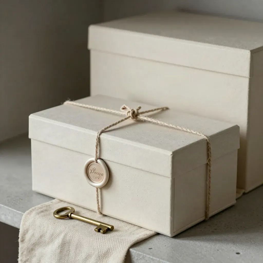 Archive box, brass key, wax seal and linen tie on a pale shelf, softly lit