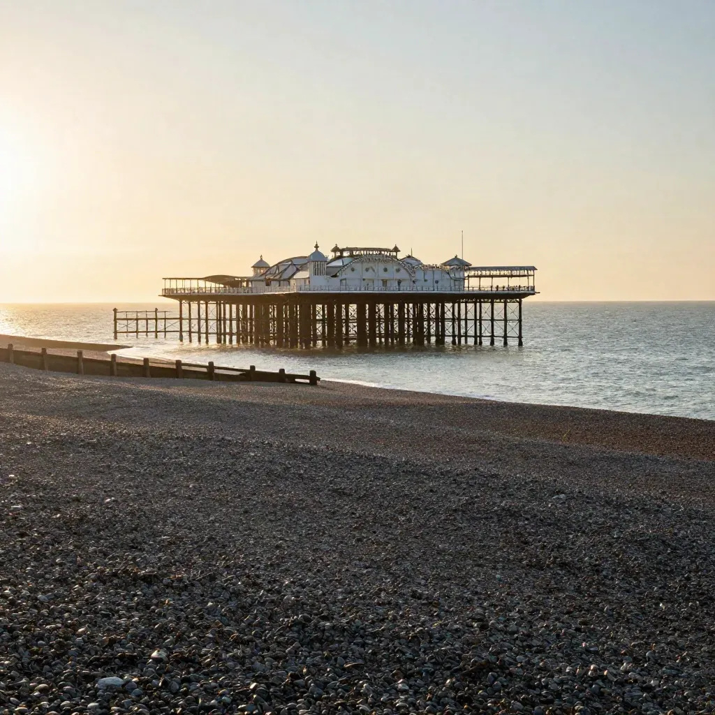 Brighton pier silhouette above shingle beach and hazy sea at golden hour.