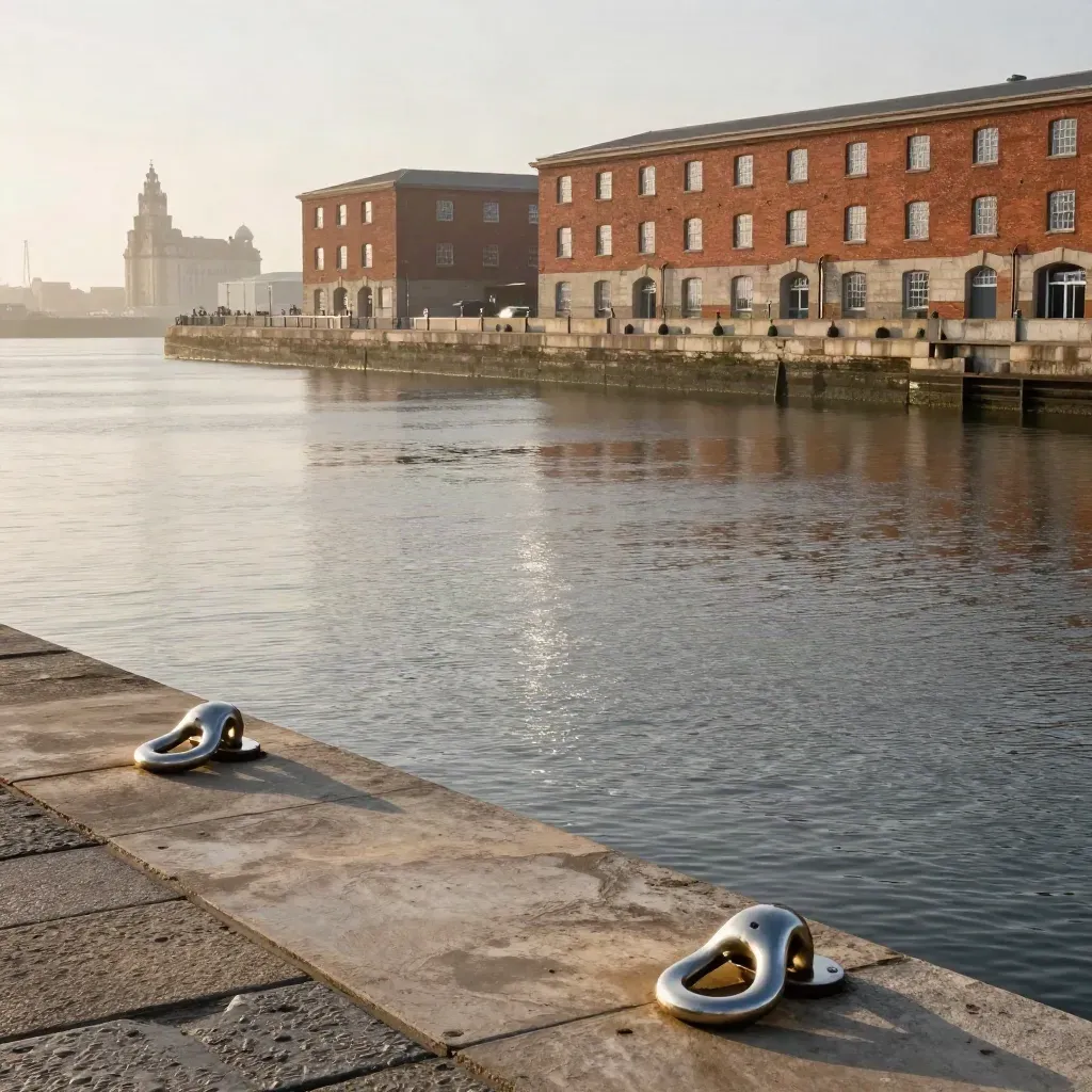 Liverpool waterfront skyline above a quiet pale stone quayside and misty water