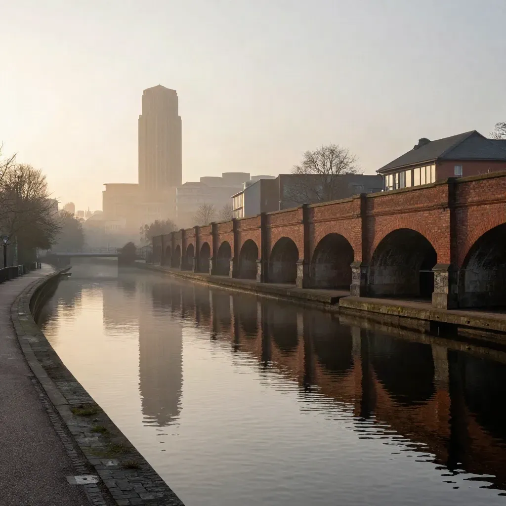 Misty Birmingham canal with brick bridges, civic towers and still water under a hazy skyline.