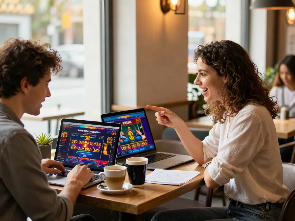 Couple exploring online credit card casinos at a cafe, engaging with vibrant casino game interfaces.