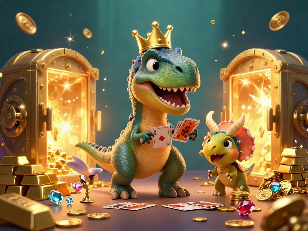 Join the fun with fatpirate as a T-Rex plays cards surrounded by golden casino treasures!