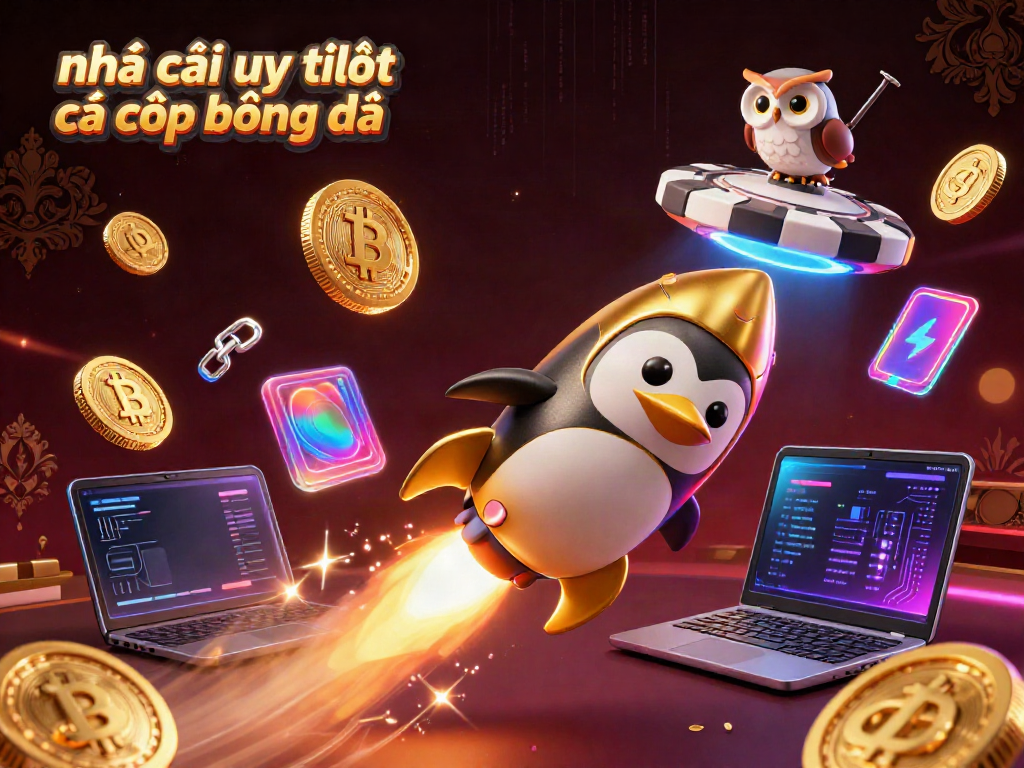Engaging 3D scene of the nhà cái uy tín nhất cá cược bóng đá with a golden penguin and casino elements.