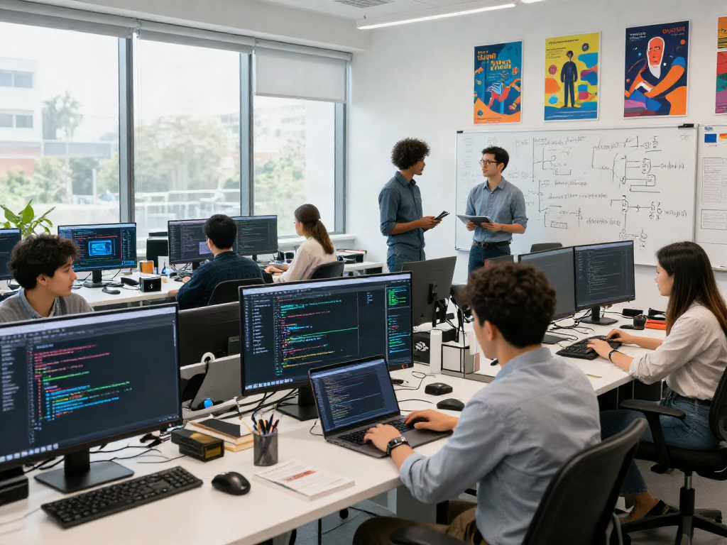 Team in an AI lab collaborating on spicy ai projects with coding and data analysis.