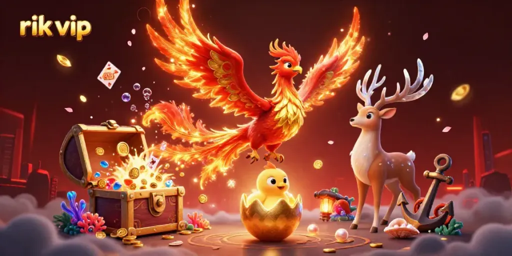 Experience the vibrant world of rik vip with a phoenix soaring amidst gold coins and mystical elements.