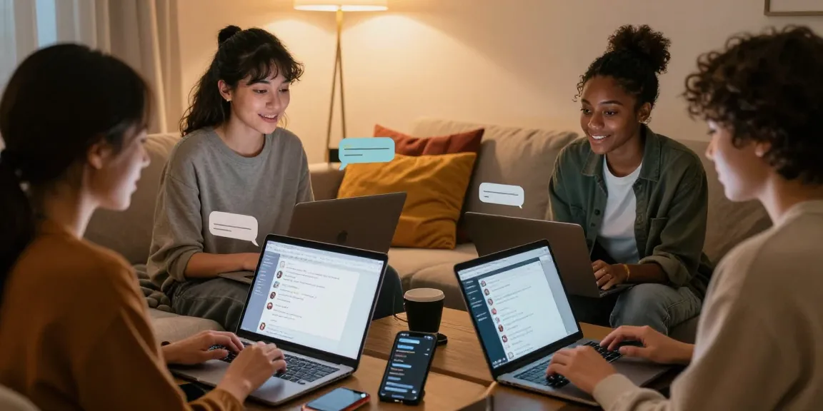 Engaging sexchat conversation scene with diverse individuals in cozy environments, showcasing digital interactions.