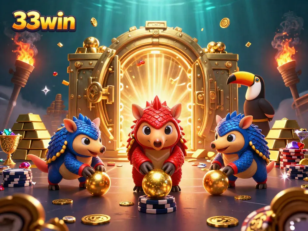 Experience the thrilling action of 33win with playful pangolins bowling through poker chips in a dynamic casino atmosphere.