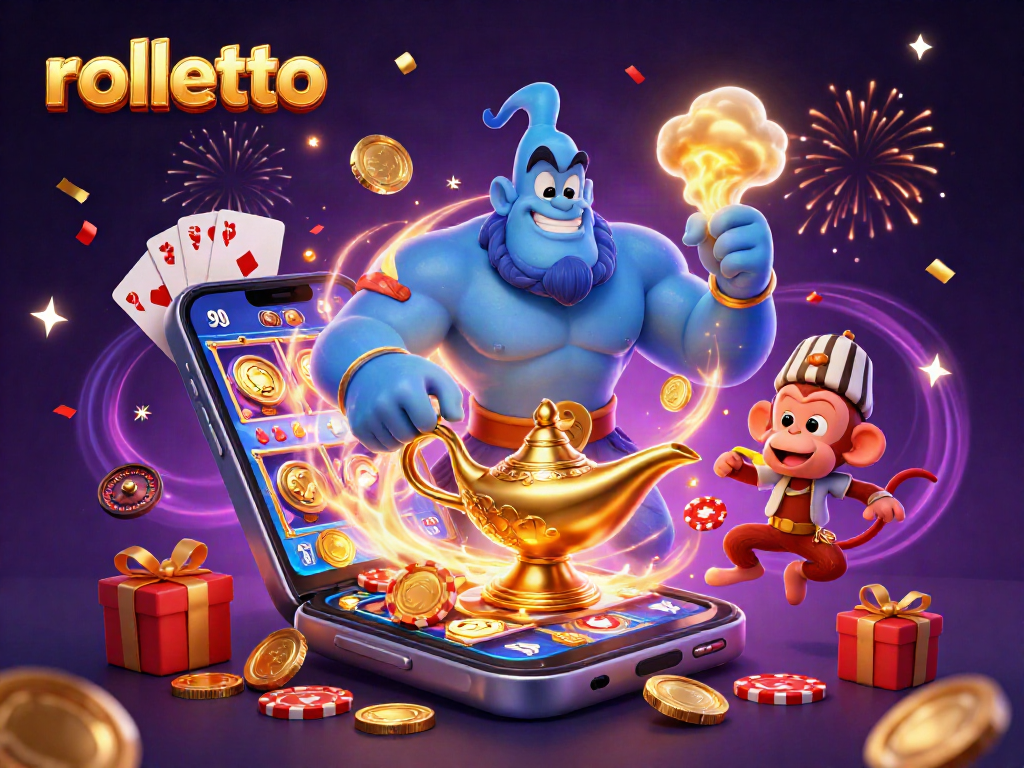 Experience rolletto's thrilling gameplay with a genie, poker chips, and colorful slot games in a magical scene.