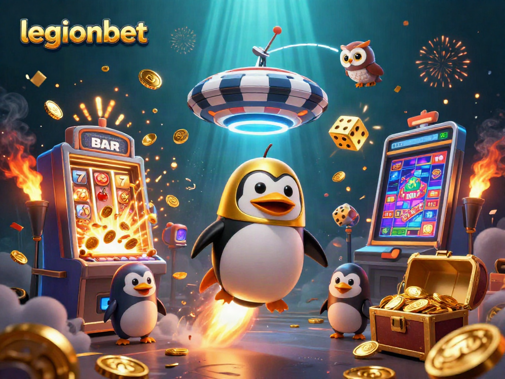 Join the excitement of legionbet with a penguin racing through space to a vibrant casino adventure.