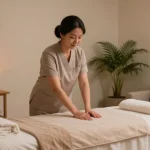 Therapist preparing for a 출장마사지 session in a calming massage therapy office.