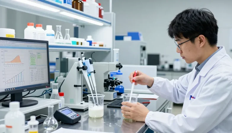 Jiefa Lignosulfonate researcher testing dispersants in a modern lab environment.